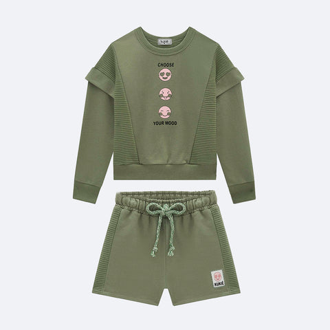 Conjunto Infantil Kukiê Moletom Relevo Carinhas Divertidas Verde - frente conjunto infantil menina