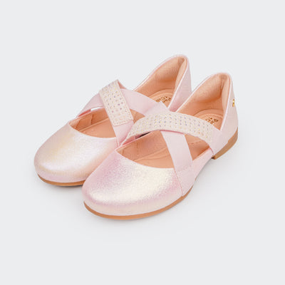 Sapato Infantil Angel Cintilante com Faixa Strass Rosa Bale.