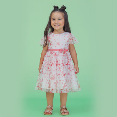 Vestido de Festa Bambollina Tule Cristal Glitter com Estrelas Branco e Vermelho - 2 a 6 Anos - menina com o vestido de tule