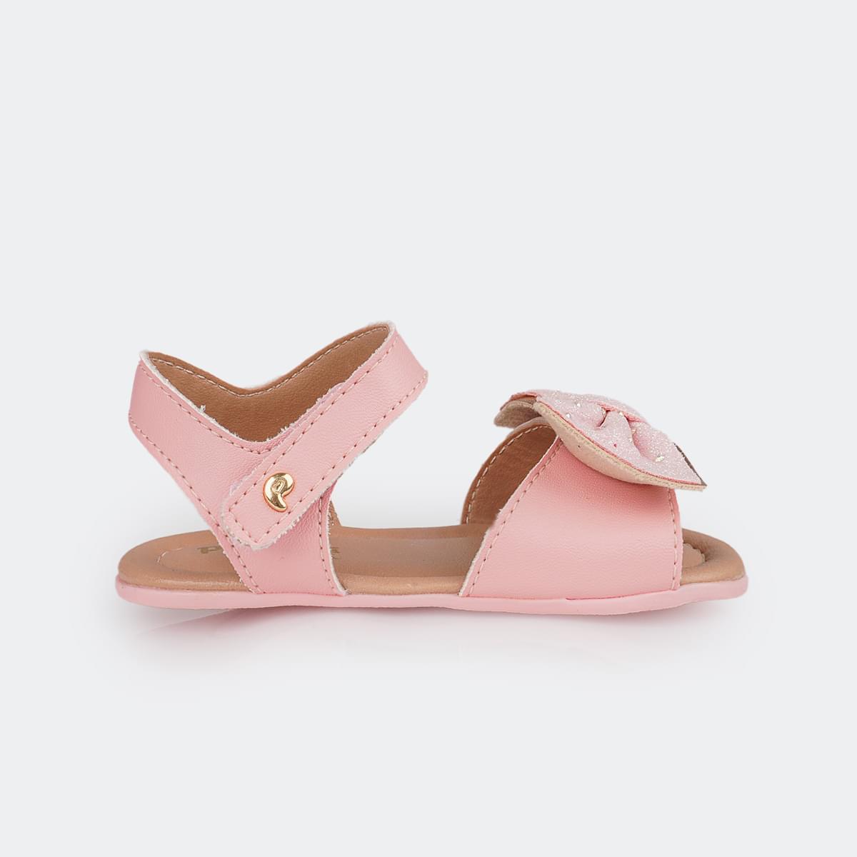 Sandália de Bebê Pampili Nana Laço Glitter e Strass Rosa Glacê  - foto da lateral com velcro para calce fácil 