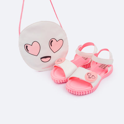 Sandália Papete Infantil Pamps Candy Emoji Branco e Rosa Neon - sandália infantil com bolsa