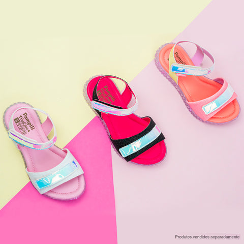 Sandália Papete Infantil Pampili Candy Glitter Holográfica Branca e Rosa - coleção sandália infantil feminina
