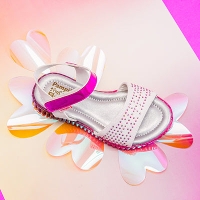 Sandália Papete Infantil Candy Glitter e Strass Branca e Pink - frente da sandália infantil feminina