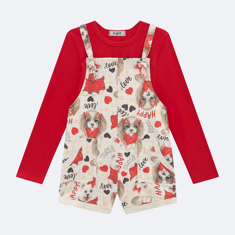 Conjunto Infantil Kukiê Jardineira Love Vermelho - frente jardineira infantil