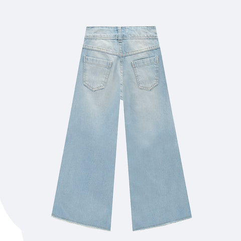 Calça Jeans Infanti Wide Leg Desfiada Azul Claro - costas calça jeans feminina