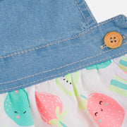 Salopete Jeans Bebê Kukiê Azul e Colorida - botão lateral de fechamento