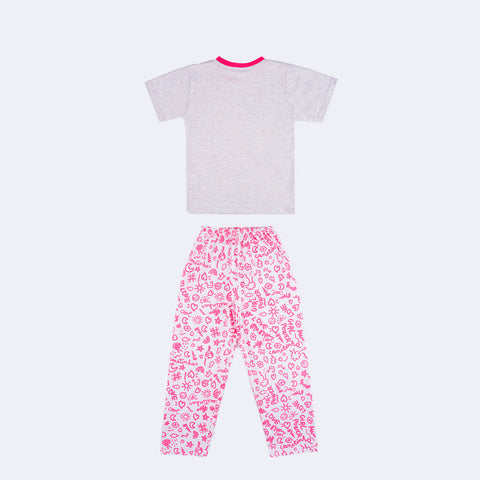 Pijama Kids Cara de Criança Brilha no Escuro com Calça Canetinhas Mescla e Branco - 4 a 8 Anos - costas do pijama infantil