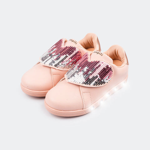 Tênis de Led Infantil Sneaker Luz Paetê Music Rosa Novo.