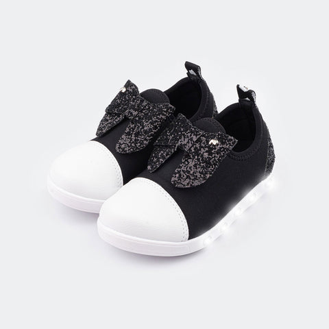 Tênis de Led Infantil Sneaker Luz com Elástico Glitter Preto e Branco.