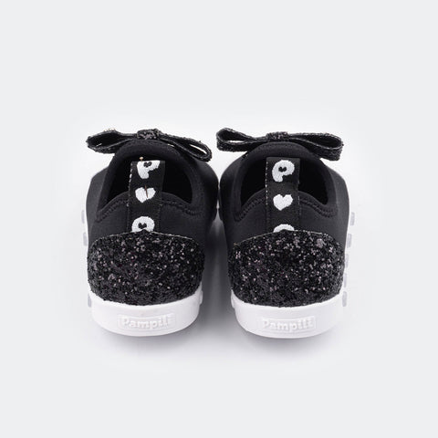 Tênis de Led Infantil Sneaker Luz com Elástico Glitter Preto e Branco.