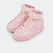 Tênis de Led Infantil Sneaker Luz Cano Médio Love Glitter Fino Rosa Iogurte.