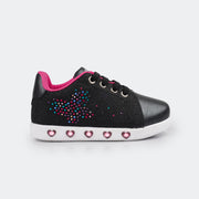 Tênis de Led Infantil Sneaker Luz com Glitter Fino e Borboleta Strass Preto.