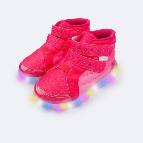 Tênis de Led Infantil Cano Médio Pampili Liz Luz Comfy Glitter Pink Maravilha - frente tênis de led infantil