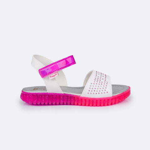 Sandália Papete Infantil Candy Glitter e Strass Branca e Pink - lateral sandália infantil branca