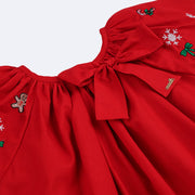 Vestido de Bebê Roana Natal Laço Frontal e Manga Bordada Vermelho - laço na gola