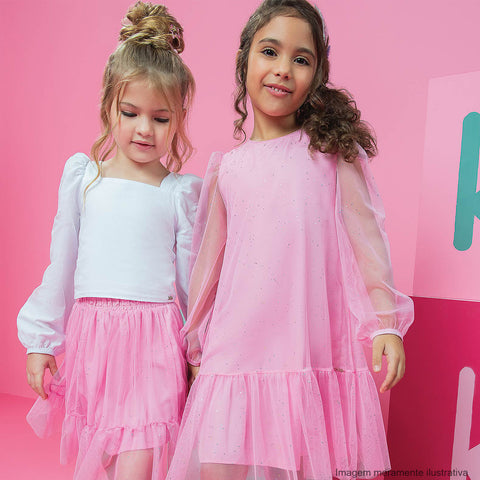 Vestido de Festa Infantil Kukiê Tule Brilho Rosa - coleção roupa infantil inverno