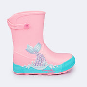 Bota Galocha Infantil Pampili Happy Glee Sereia Glitter Rosa e Azul - lateral da galocha com sereia