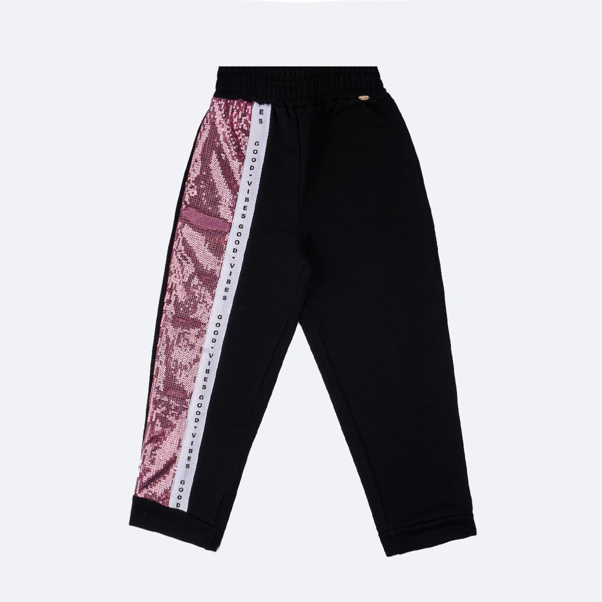 Calça Jogger Pampili Moletom Paetê Good Vives Preta e Rosa - frente calça moletom infantil