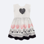 Vestido Infantil Kukiê Coração Pérola Branco e Preto - frente do vestido para menina