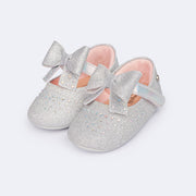 Sapato de Bebê Pampili Nina Momentos Especiais Glitter Strass Prata - frente do sapato infantil feminino prata