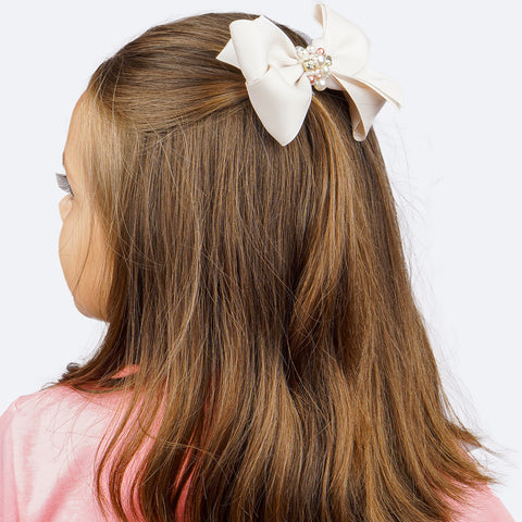 Presilha de Cabelo Pampili Laço com Pérolas e Strass Marfim - presilha de laço