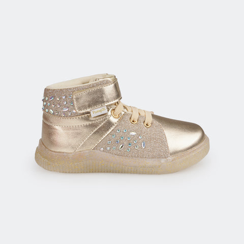 Tênis Cano Médio Infantil Pampili Pom Pom Glitter Cristal Brilho Dourado - foto da lateral do tênis com pedras strass