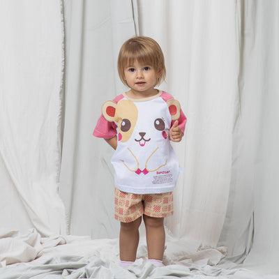 Pijama Bebê Cara de Criança Hamster Branco e Rosa - frente do pijama bebê menina