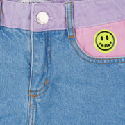 Short Jeans Feminino Infantil Vallen Azul e Colorido - detalhe de etiqueta