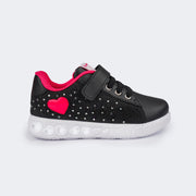 Tênis de Led Infantil Pampili Sneaker Seja Luz Glitter Strass Preto e Pink Maravilha - lateral do tênis com glitter e strass