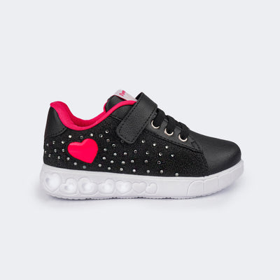 Tênis de Led Infantil Pampili Sneaker Seja Luz Glitter Strass Preto e Pink Maravilha - lateral do tênis com glitter e strass