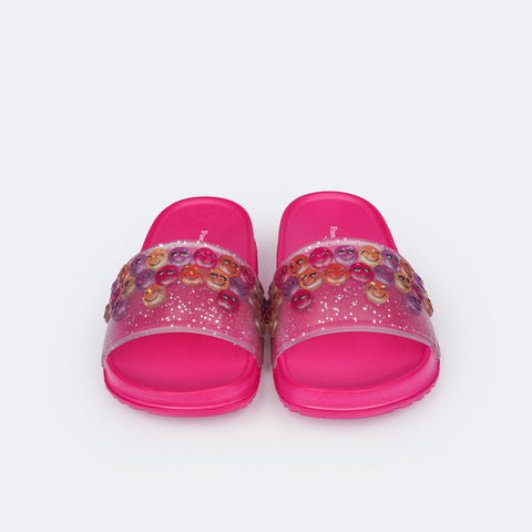 Chinelo Slide Infantil Pampili Fun Glee Carinha Feliz Pink e Colorido - frente do chinelo infantil com glitter