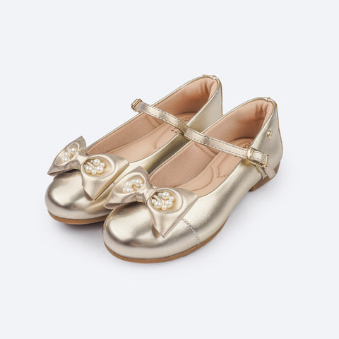 Sapato Infantil Feminino Pampili Angel Laço e Pérolas Dourado - frente sapato infantil dourado