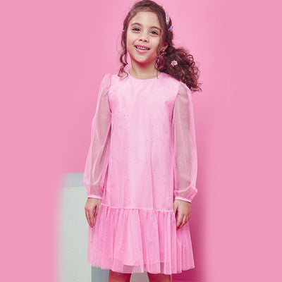 Vestido de Festa Infantil Kukiê Tule Brilho Rosa - frente vestido infantil tule