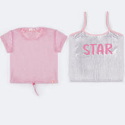 Camiseta Infantil Sobreposta Pampili Star Holográfica Rosa e Prata  - camisetas para usar juntas 