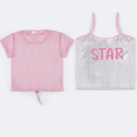 Camiseta Infantil Sobreposta Pampili Star Holográfica Rosa e Prata  - camisetas para usar juntas 