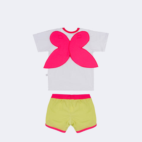 Pijama Infantil Cara de Criança Brilha no Escuro Fadina Branca Pink e Verde - costas do pijama infantil com asas