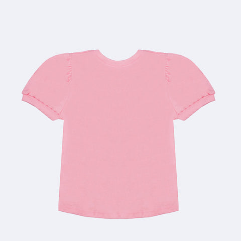 Camiseta Infantil Infanti Brilho Coração Strass Rosa - costas da camiseta menina