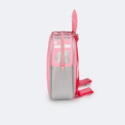 Bolsa Mochila Infantil Pampili Matelassê e Estampa Neon Holográfica Rosa e Prata - lateral mostrando estampa 