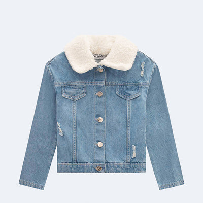 Jaqueta Jeans Infantil Kukiê Gola Removível de Pelúcia - frente jaqueta jeans infantil