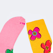 Meia 3/4 Cantarola Lola com Flores Rosa e Amarela - meias de cores diferentes