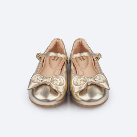 Sapato Infantil Feminino Pampili Angel Laço e Pérolas Dourado - frente sapato com laço