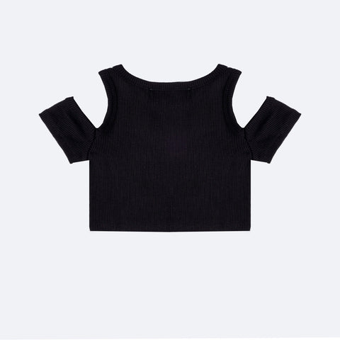 Cropped Infantil Perfumaria Canelado Strass Preto - costas cropped menina