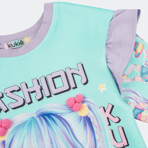 Vestido Infantil Kukiê Manga Longa Menina Fashion Azul Claro - estampa e detalhe na manga