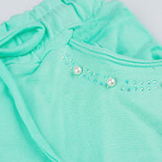 Short Saia Infantil Infanti Strass e Pérolas Verde - detalhe no bolso frontal