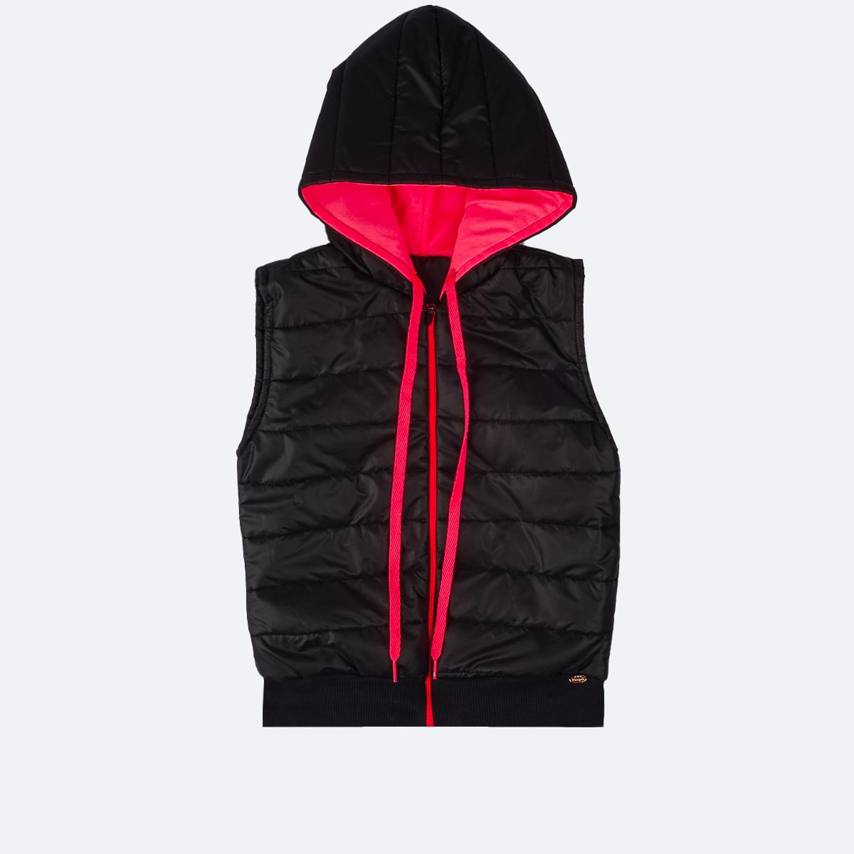 Colete Feminino Pampili Puffer Capuz Preto e Pink - frente colete feminino