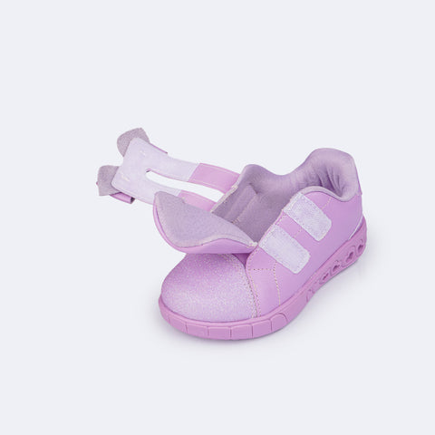 Tênis de Led Infantil Pampili Sneaker Luz Calce Fácil com Laço e Glitter Lilás - abertura para calce fácil