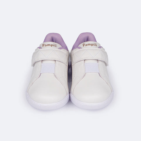 Tênis de Led Infantil Pampili Sneaker Luz Calce Fácil com Perfuros Branco e Lilás  - frente do tênis com bordado 