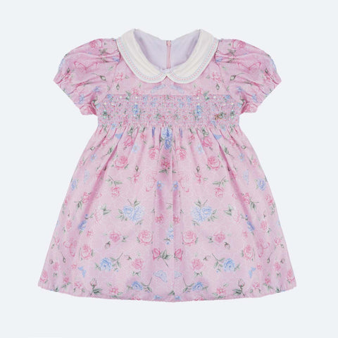 Vestido de Bebê Petit Cherrie Clássico Floral Rosa - frente do vestido de bebê rosa