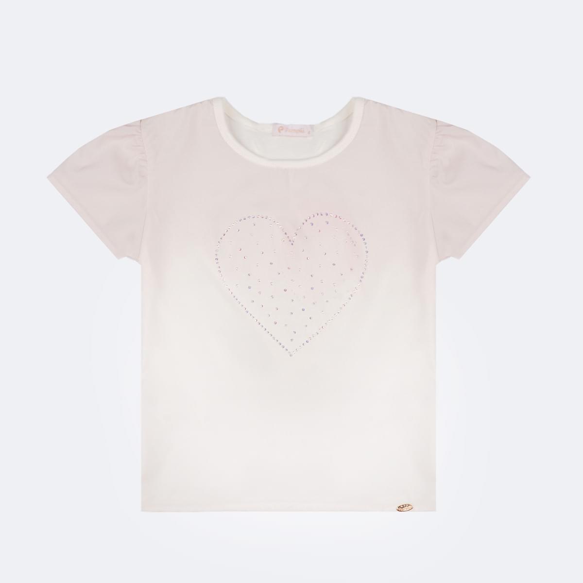 Camiseta Infantil Pampili Coração de Strass Degradê Nude e Dourada - camiseta infantil com strass