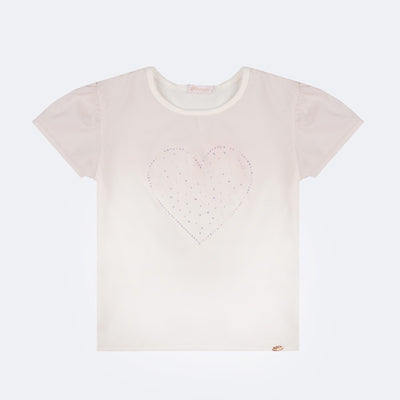 Camiseta Infantil Pampili Coração de Strass Degradê Nude e Dourada - camiseta infantil com strass